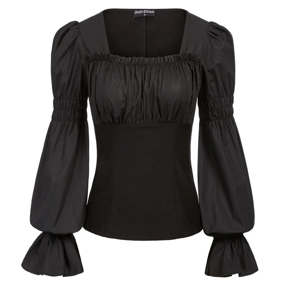 

Women Steampunk shirt vintage retro Renaissance Gothic Long Sleeve Square Neck Lolita blouse ladies solid elastic Tops clubwear