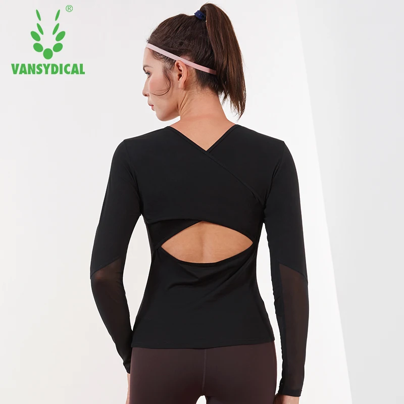 Vansydical, женские сетчатые рубашки для йоги, с длинным рукавом, для пробежек, тройники, сексуальные, с открытой спиной, футболки для тренировок, трико для спортзала