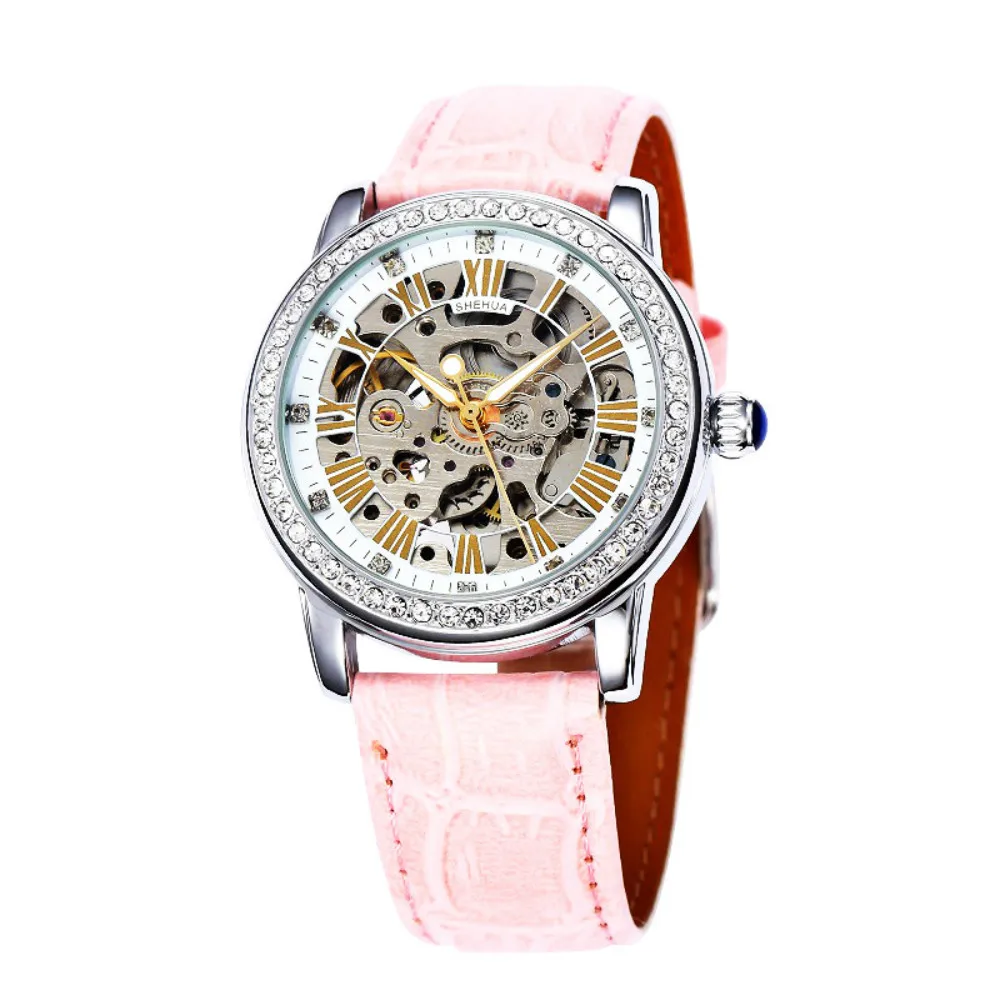 SHENHUA женские часы с бриллиантами, брендовые роскошные белые фиолетовые прозрачные автоматические механические часы со скелетом