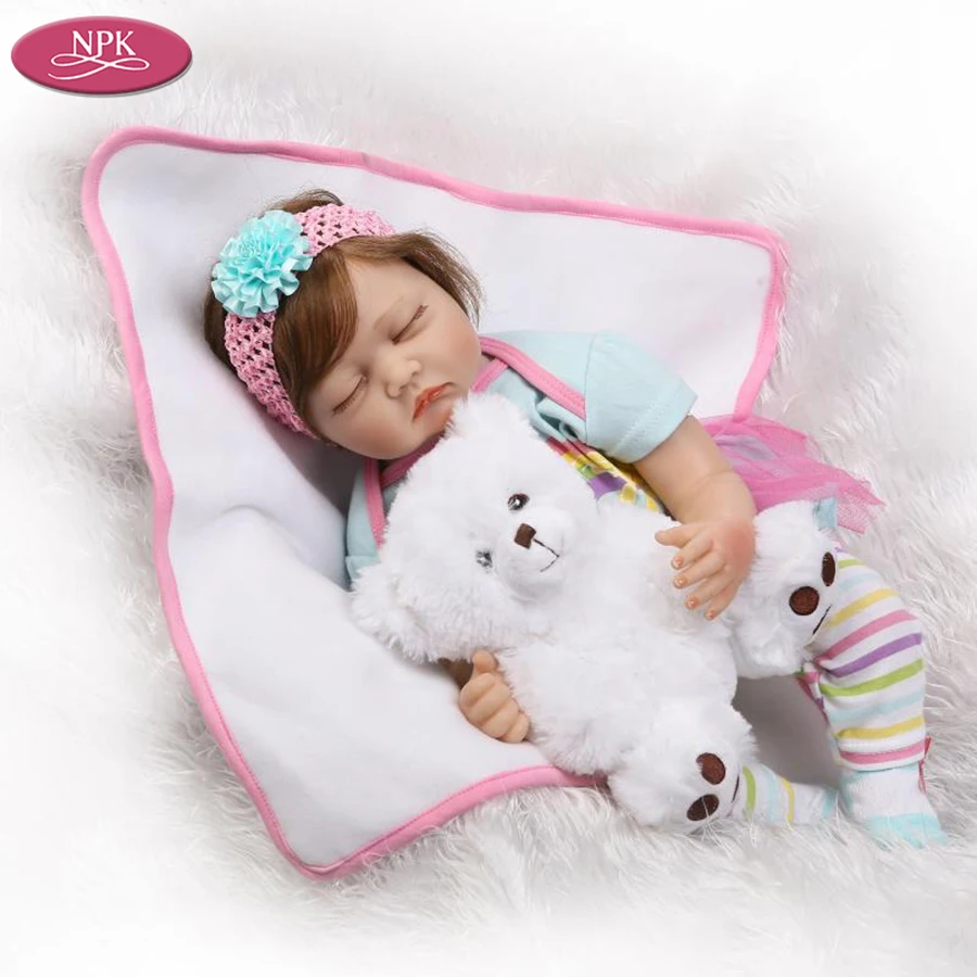 NPK 55CM Silicon Doll Lifelike Reborn Baby Girl Soft Cloth Body Realistic Babies Dolls + White Bear Stuffed Toys Children Gifts (6)