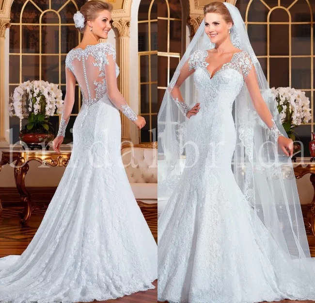 

Vestido de noiva sereia Sexy Lace Wedding Dresses See Through Back Long Sleeve Mermaid Wedding Dresses 2019 robe de mariage