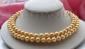

Double Genuine Natural 10mm Golden Round Pearl Necklace 925silver clasp #f1789! AAA