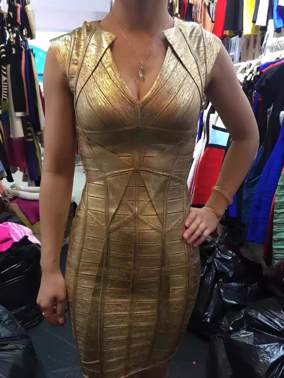 

High Quality Women Sexy V Neck Designer Black Gold Bandage Dress 2016 Ladies Elegant Bodycon Bandage Dress