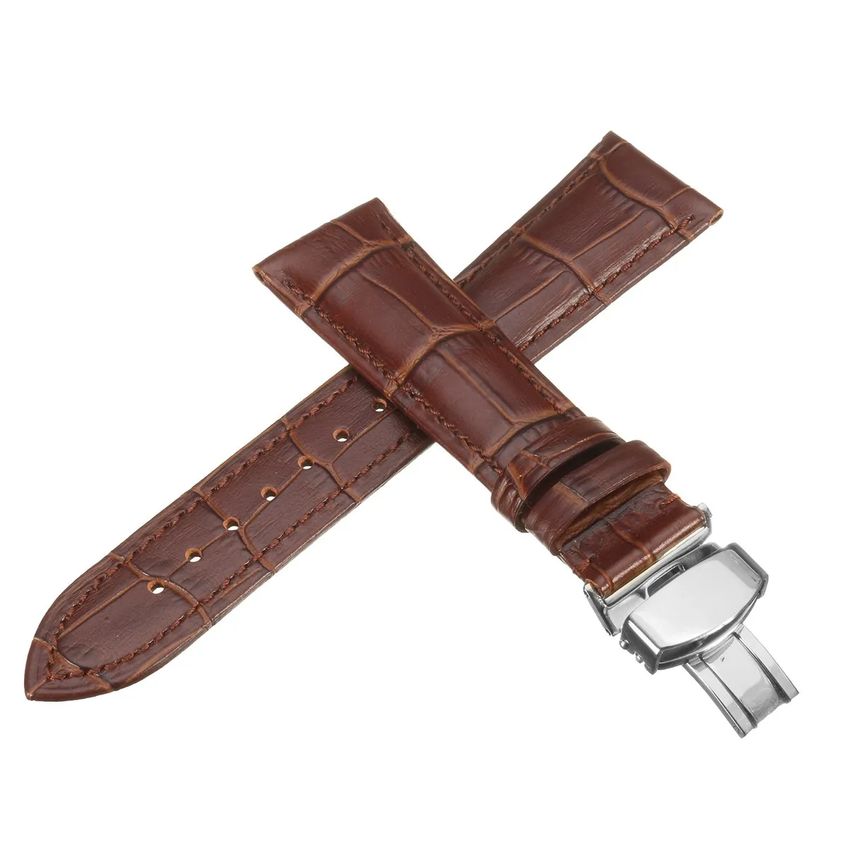 Genuine Leather Watchband Strap With Butterfly Clasp Buckle Bands