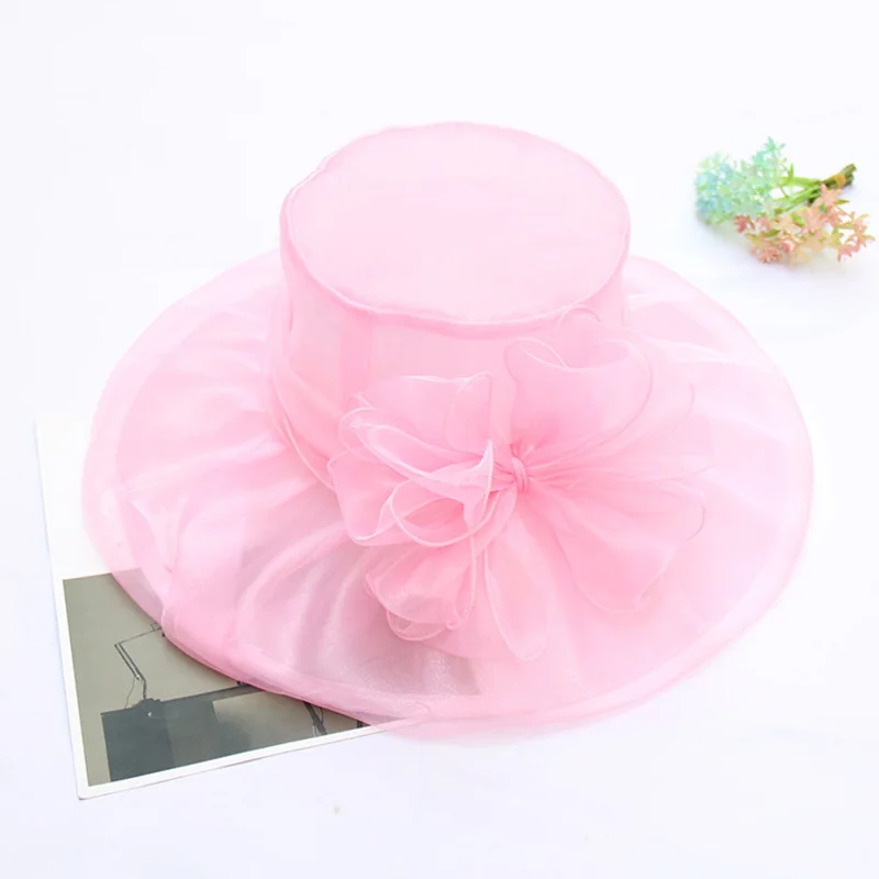Новинка, винтажные элегантные двухслойные солнечные шляпы из органзы для женщин, цветочные сетчатые пляжные кепки, летняя шляпа - Цвет: Pink