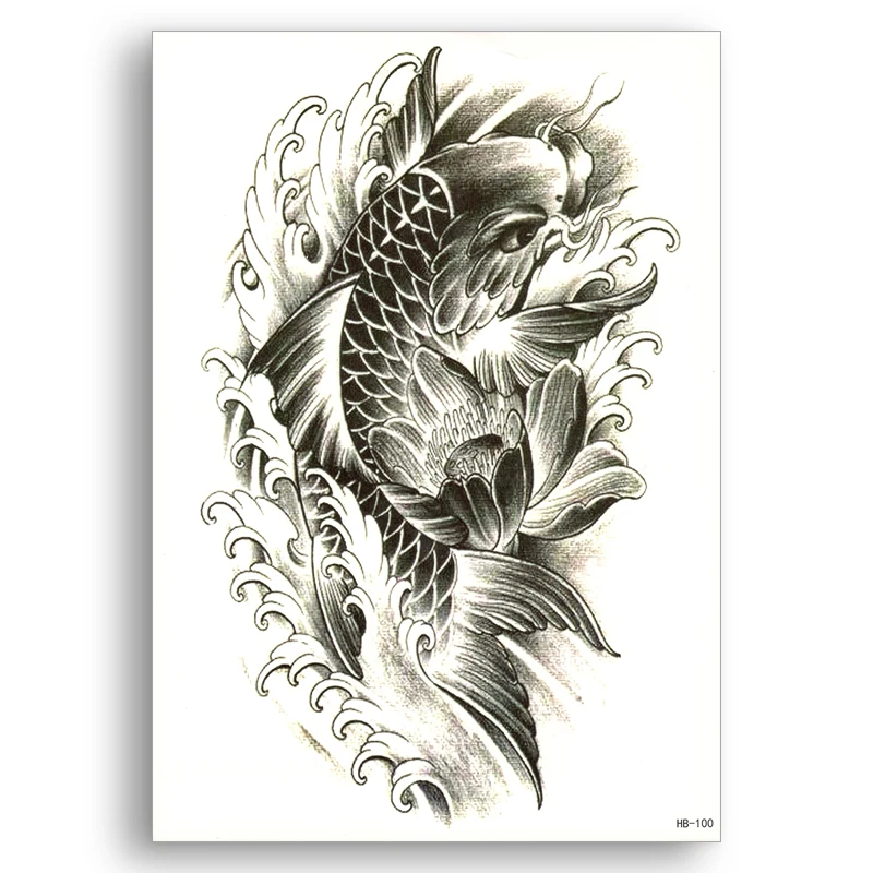 

Temporary Fake tattoo Water Transfer Waterproof Sticker Large Black Fish Lotus Men sexy powe Flower Arm Body Art Glitter Makeup