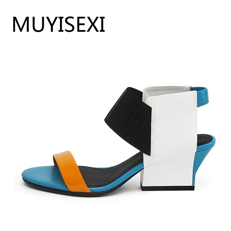 

Brand Women Sandals Summer Mixed Color Genuine Leather Basic Sandals Wedge Low Heels Shoes Woman L002 MUYISEXI