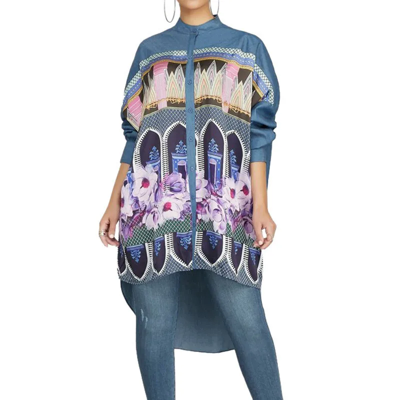 

Autumn Winter Casual Loose Denim Shirt Dress Women Stand Collar Streetwear Long Sleeve Midi Dress Irregular Buttons Jean Dress