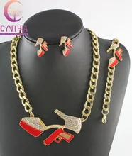 Hot Sale Gold Metal Rhinestone High Heels Red Gun Chunky Chain Necklace Bracelet Earring Wedding Women