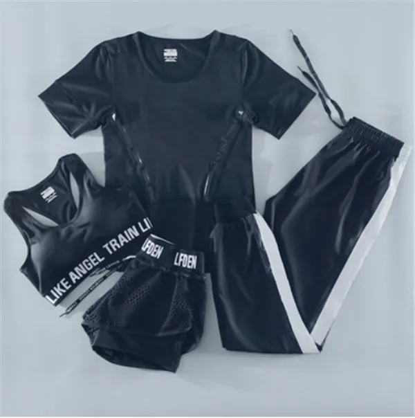 Летний женский спортивный комплект из 4 предметов для бега, быстросохнущая футболка+ бюстгальтер+ сетчатые шорты+ штаны, костюм для фитнеса, спортзала, йоги, одежда для тренировок - Цвет: 4 piece set d