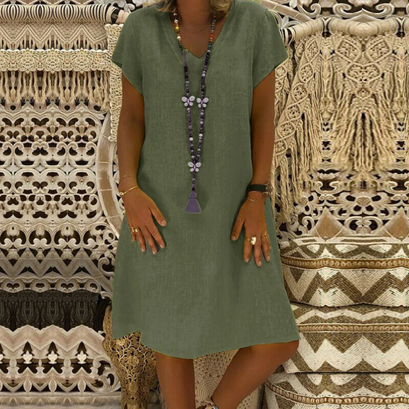 Зеленый ZANZEA женское летнее хлопковое льняное платье с коротким рукавом Vestido Robe Kaftan Femme Винтаж V образным вырезом цветочный принт праздничный сарафан 5XL - Цвет: Зеленый