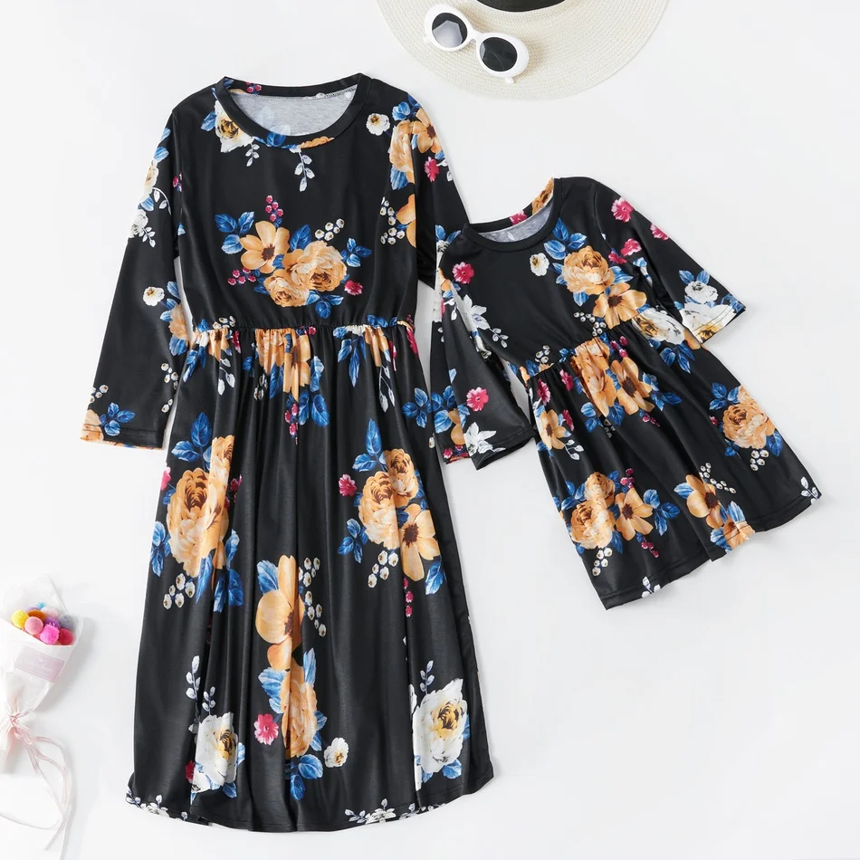 

spring mother daughter dress flower print mommy and me dresses family matching clothes outfits look mum mom and baby girls dress