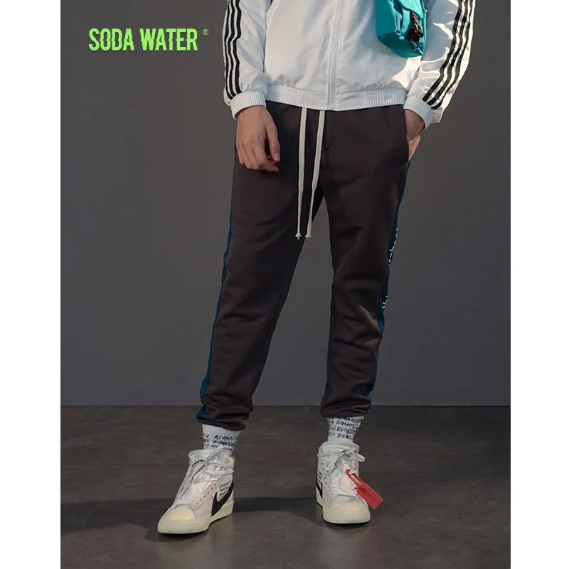 SODA WATER Streetwear men's elastic waist track pants jogger trousers casual side stripe letter pants loose sweatpants 8838W