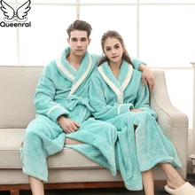 Queenral Men/Women Winter Thermal Long Bathrobe Lovers Thick Warm Robe Plus Size M XL XXL Nightgowns Dressing Gowns Home Clothes