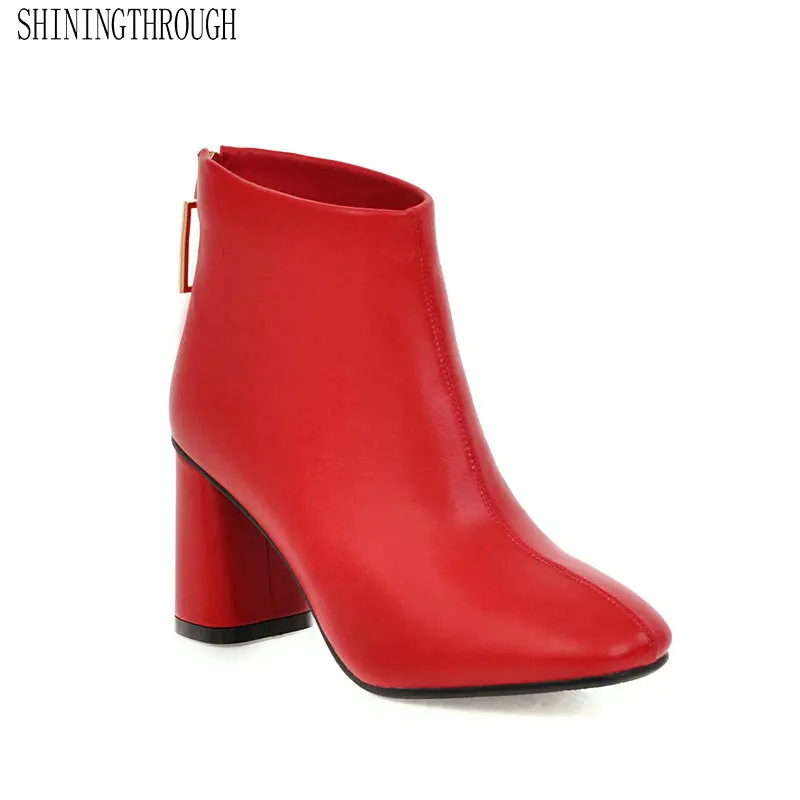 

2020 Women Fashion Zipper Square Toe Short Boots Sexy Square High Heel Winter Ankle 3color Ladies Shoes Size 34-43