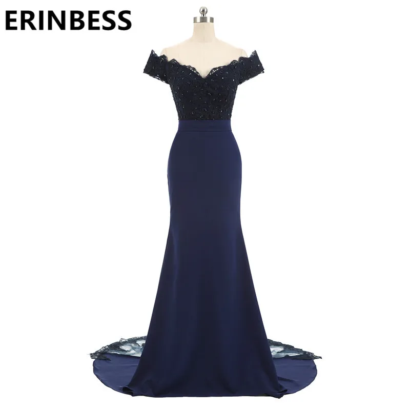 

Robe De Soiree Navy Blue Evening Dresses Bpat Neck Beaded Applqiues Mermaid Short Sleeve Prom Party Gowns