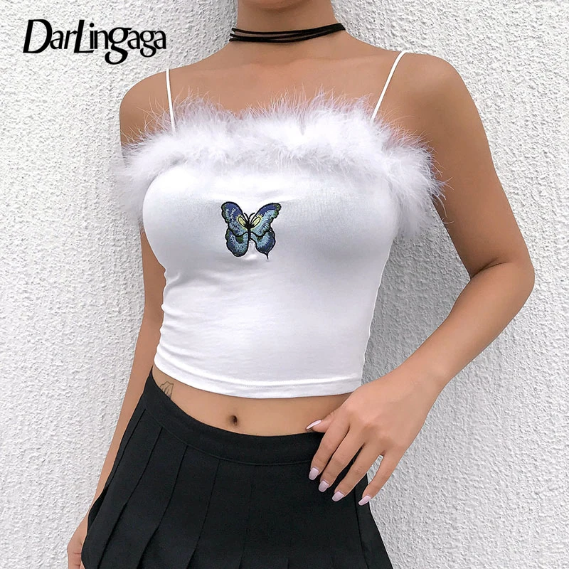 

Darlingaga Chic White Feather Sexy Cami Top Women Fashion Butterfly Embroidery Bralette Crop Top Strap 2019 Summer Tops Clothes