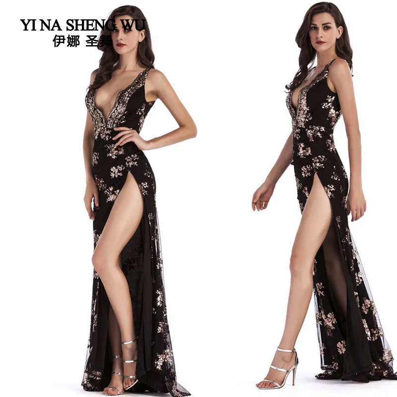 Women sequined straps sexy backless long dance dress deep V-neck split mopping dress High quality dinner Club Ballroom Dresses