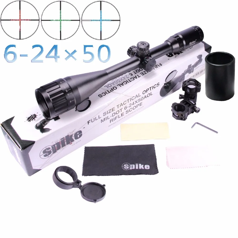 

Spike Optical Scope 6-24x50 AOL Sniper Tactical Riflescope With Green And Red Illumination 24 Mil Dot Reticle Sight For Rifle