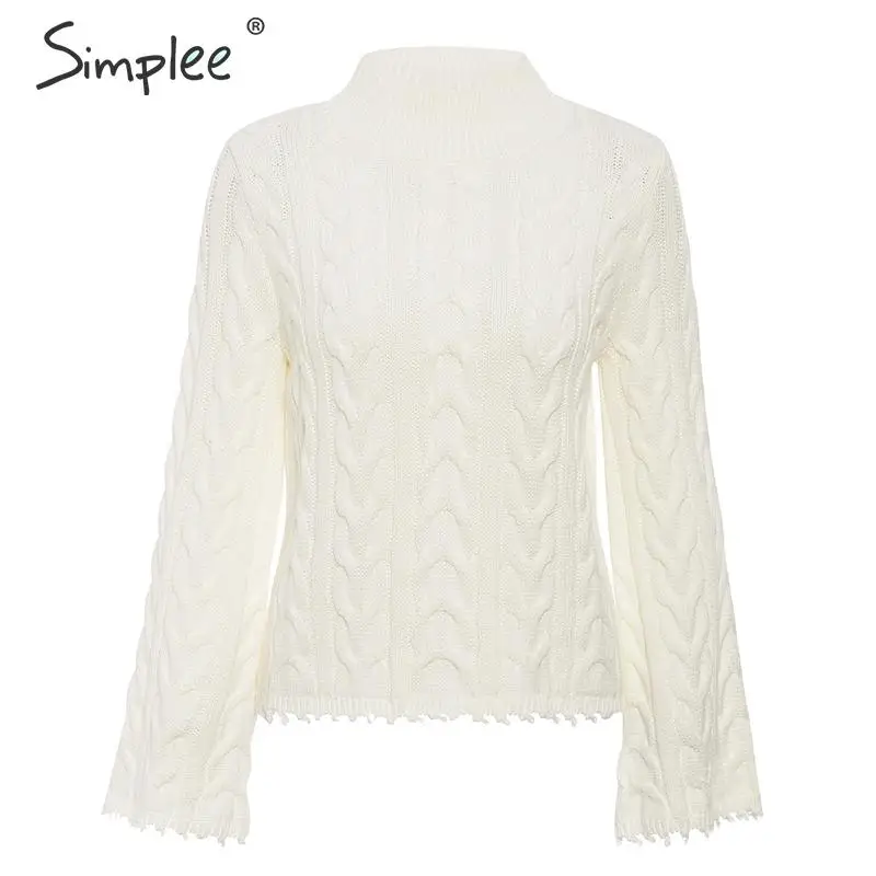 Simplee Белый вязаный свитер женский пуловер джемпер Осень зима сплошной - Цвет: Creamy-white