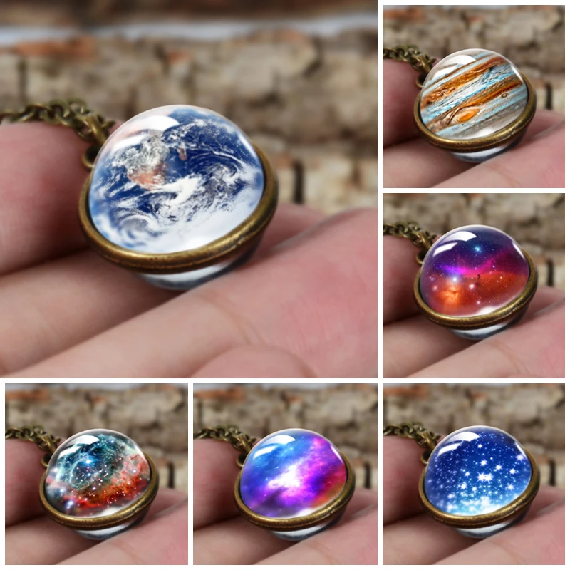 Time Gem Nebula Galaxy Planet Universe Necklace Double Sided Glass Ball Pendant Solar System For Women Kids Jewelry | Украшения и