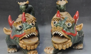 

10" Chinese Wucai Porcelain kylin Kirin Chi-Lin Kilin Qilin unicorn Pair Statue
