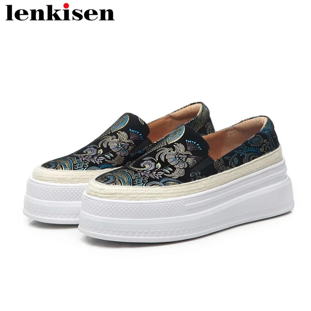 

Ethnic style chinese embroidery thick high bottom platform slip on genuine leather round toe sneakers woman vulcanized shoes L18