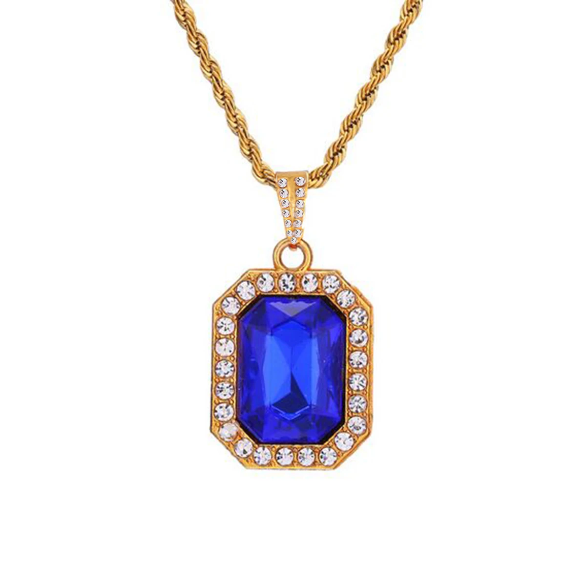 Ювелирные изделия в стиле хип-хоп, мужское ожерелье с красным кристаллом, витая Золотая цепочка, Геометрические Квадратные стразы, подвеска на цепочке, женское длинное ожерелье - Окраска металла: Blue