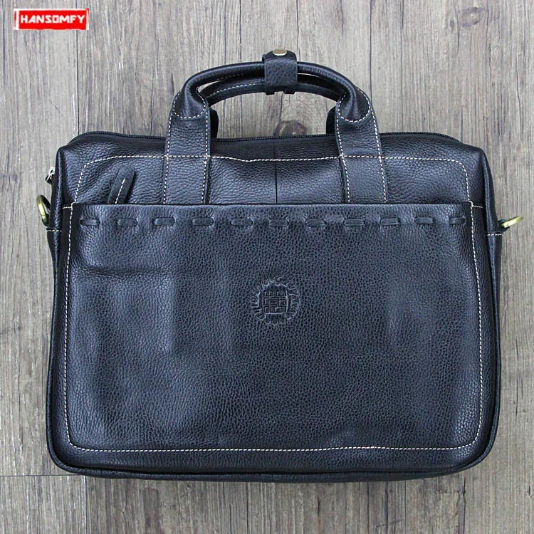

Real genuine leather Men briefcase Cowhide shoulder messenger bag black leather handbag business document computer weaving bag