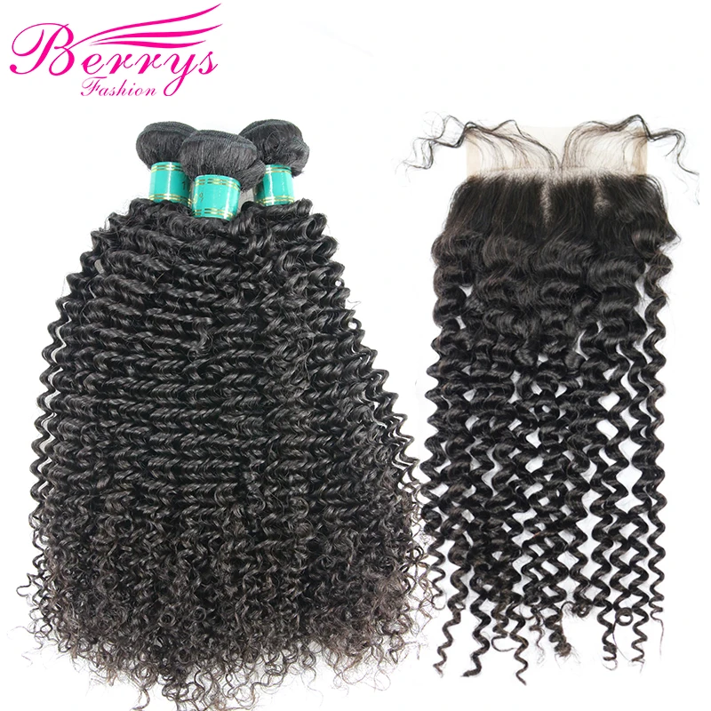 

Brazilian Virgin Hair Kinky Curly Human Hair 3 PCS Bundles with Closure 4x4 Unprocessed Hair Weave Berrys Fashion