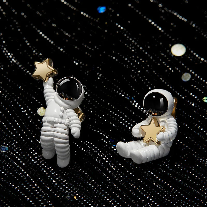 

BOYULIGE Cute Cartoon Starry Sky Asymmetric Astronaut Stud Earrings Universe Planet Star Gold Earring Silver 925 For Women Girl