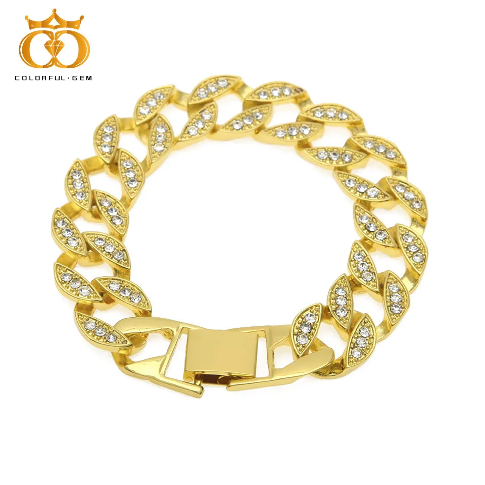 

Colorful.gem Hip Hop Full Rhinestone Paved Bling Iced Out Cuban Link Chain Bracelets for Men Rapper Jewelry Gold Silver Gift