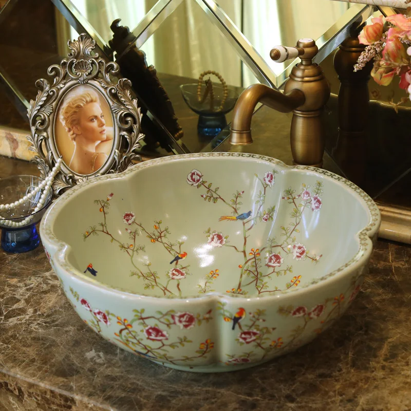 Flower and bird Glazed Flowers Shape Porcelain Art Bathroom Sink Lavabo