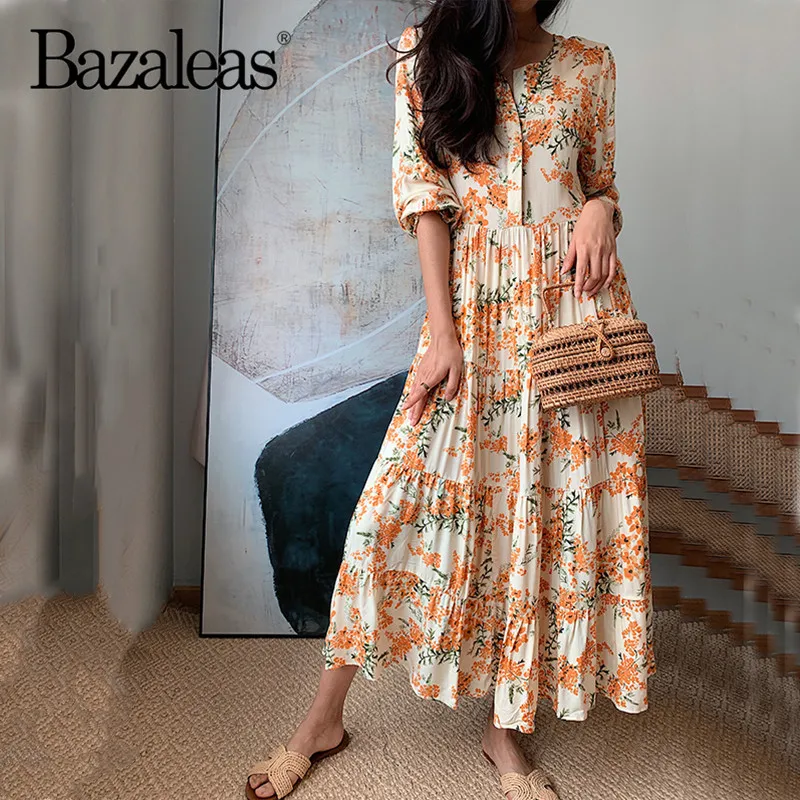 

Bazaleas Fashion Button Women midi Dress France Orange Flower Print Summer dress Vintage Holiday vestidos Drop shipping