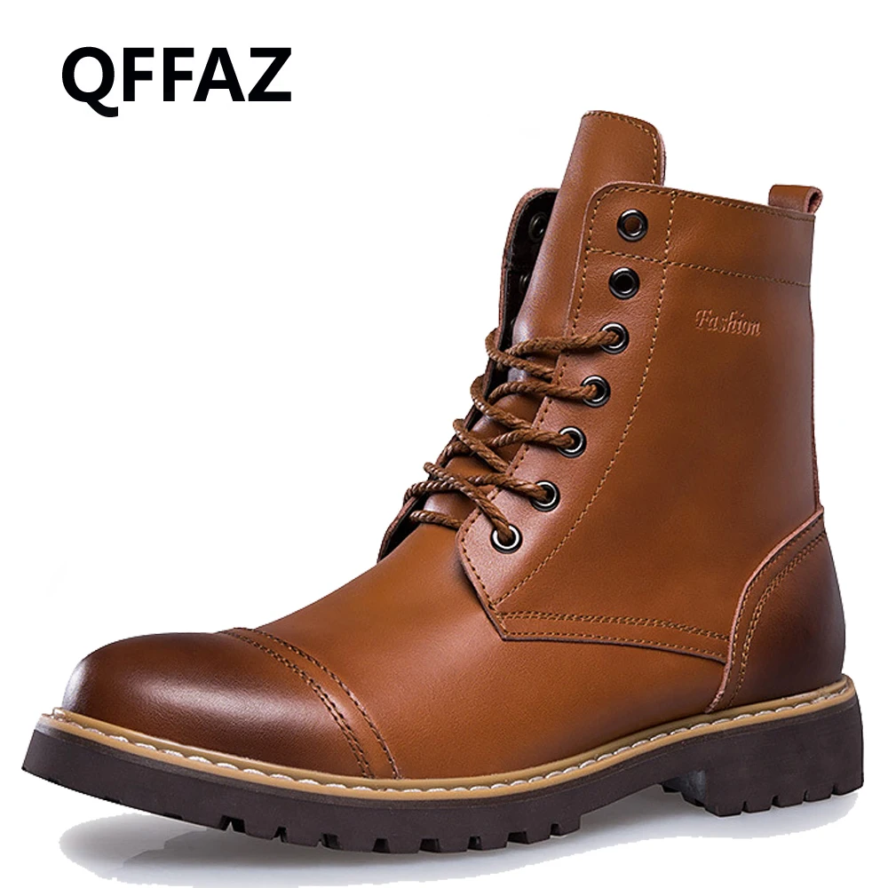 

QFFAZ Men Autumn Winter Genuine Leather Fashion Boots Lace Up Waterproof men shoes ankle boots Plush Big Size 38-46