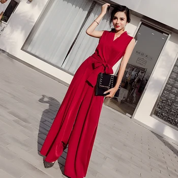

Women V-neck Jumpsuits Elegant Ladies Black Party Wide Leg Jumpsuits Casual Office Lady Playsuits