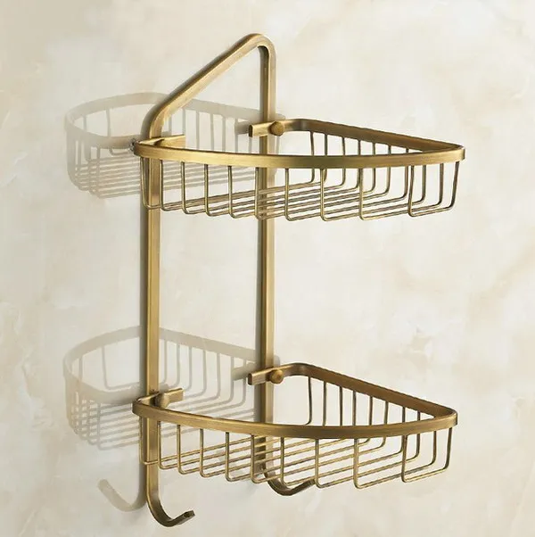 

Vintage Retro Antique brass Wall Mounted Bathroom Dual Tier Corner Shower Shelf Storage Basket Bathroom Accessory mba046