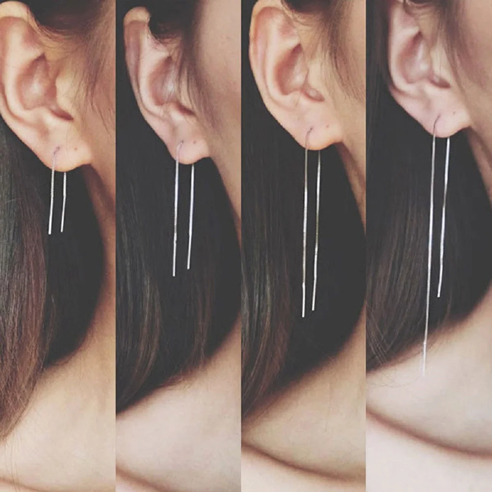 

1pair Silver Line Thread Threader Dangle Earrings Tassel Wire Bars Rolo Chain Earrings Long Drop Earrings For Women Jewelry