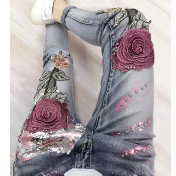

Europe Style Jeans Women Slimming Boyfriend Trousers Slim Rose Embroidery Gold Jean Fashion Sequins Spring Autumn Denim Pants