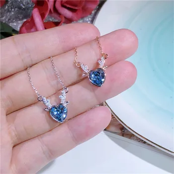 

Fashion Women Statement Reindeer Horn Shape Crystal Heart Pendant Pure 925 Sterling Silver Chain Christmas Gift Necklace