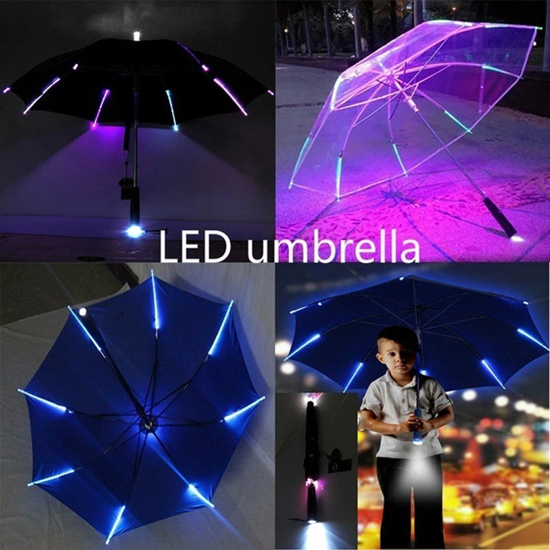 

Cool Umbrella With LED Features 8 Rib Light Transparent With Flashlight Handle