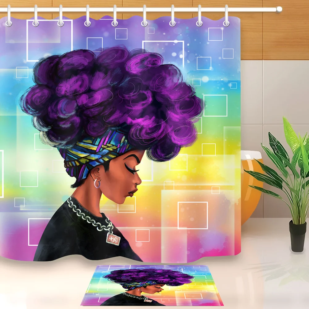 LB Afro Girl African American Shower Curtain with Mat Set Bathroom