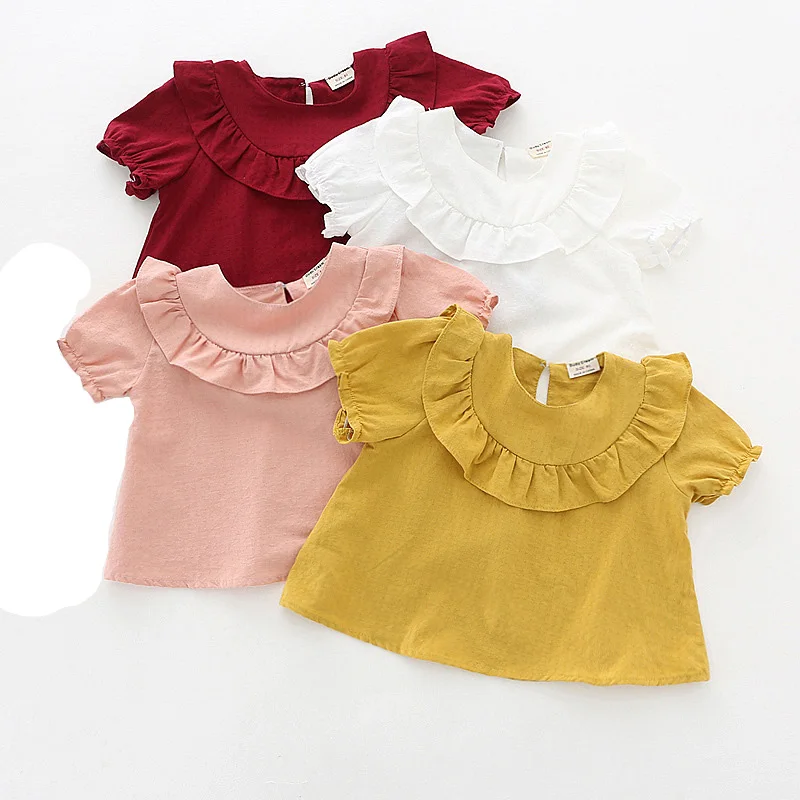 

New Arrival Girls Cotton Shirts O-neck Ruffle Princess Shirt Tops Short Sleeve Summer Toddler Baby Girls Clothing DQ848