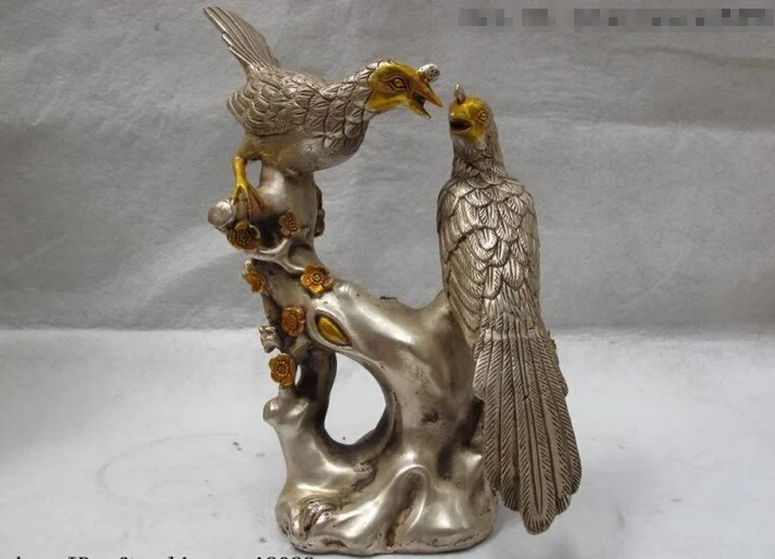 

USPS to USA S0517 11" White Copper Silver Gilt propitious pied magpie Bird Play Plum flower Statue B0401