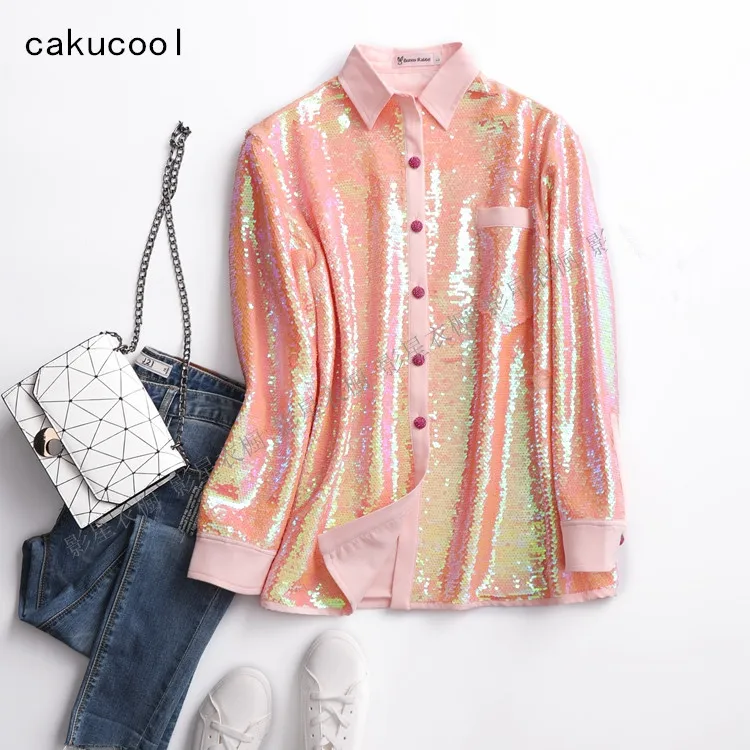 

Cakucool Women Full Sequins Blouse Long Sleeve Beading Blusa Loose Novelty Bling Shiny Blouse Shirts Autumn Tops Pink Femme Plus