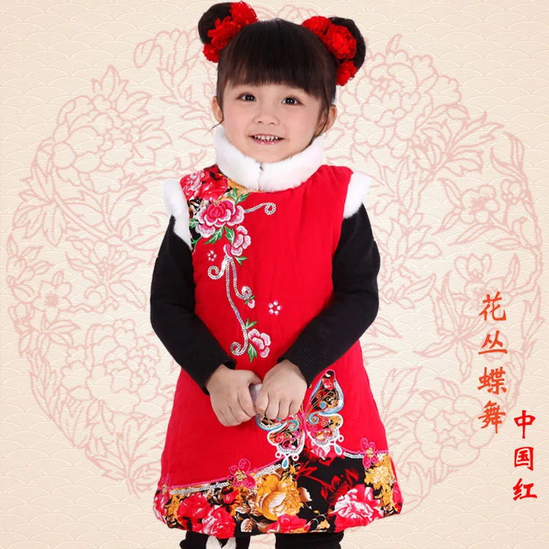 

2016 new winter cotton velvet cheongsam girls plus folk style children's costume dress embroidered cheongsam collar dress