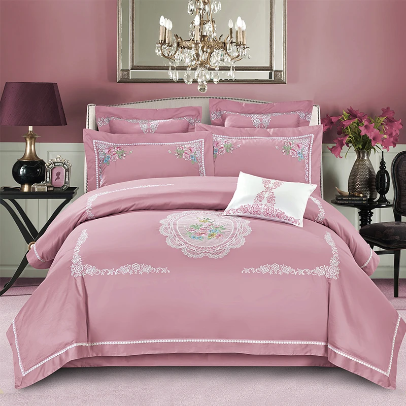 Egyptian cotton rose Embroidery bedding set ladys duvet covers bed