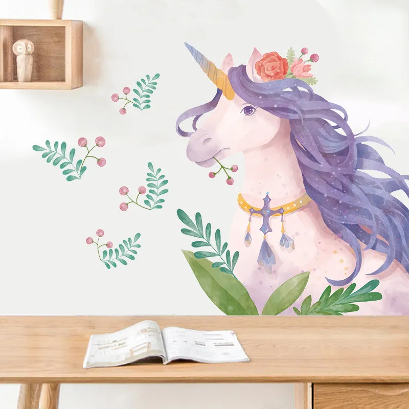 Cartoon Lovely Unicorn Bunga Stiker Dinding Wallpaper Diy Vinyl