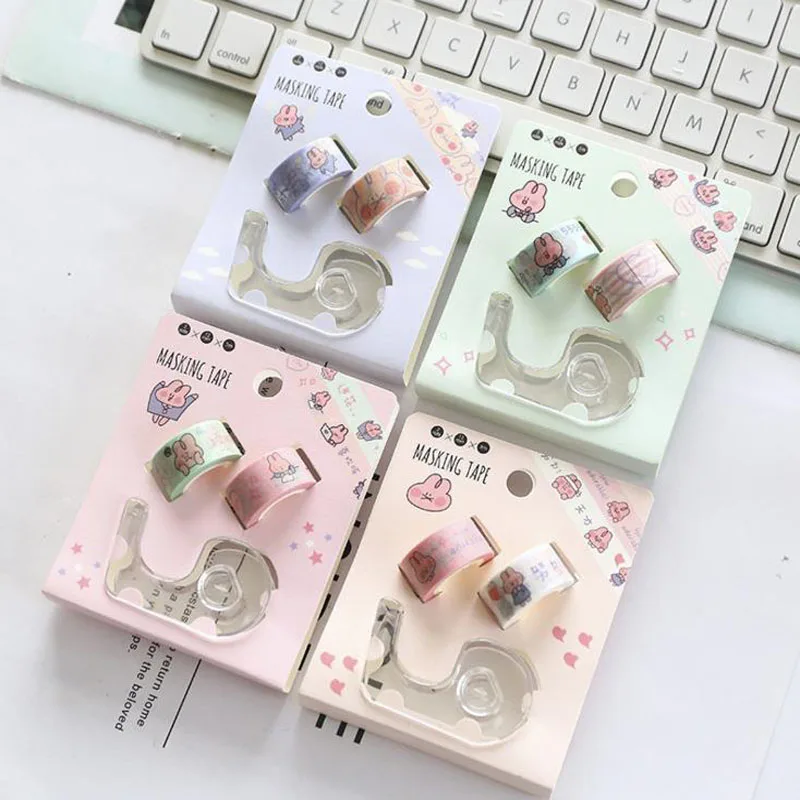 

2 Packs Cute 12mm*3m Colorful Rabbit Adhesive Tape With Transparent Tape Dispenser Cutter Set Stationery Washi Masking Tape