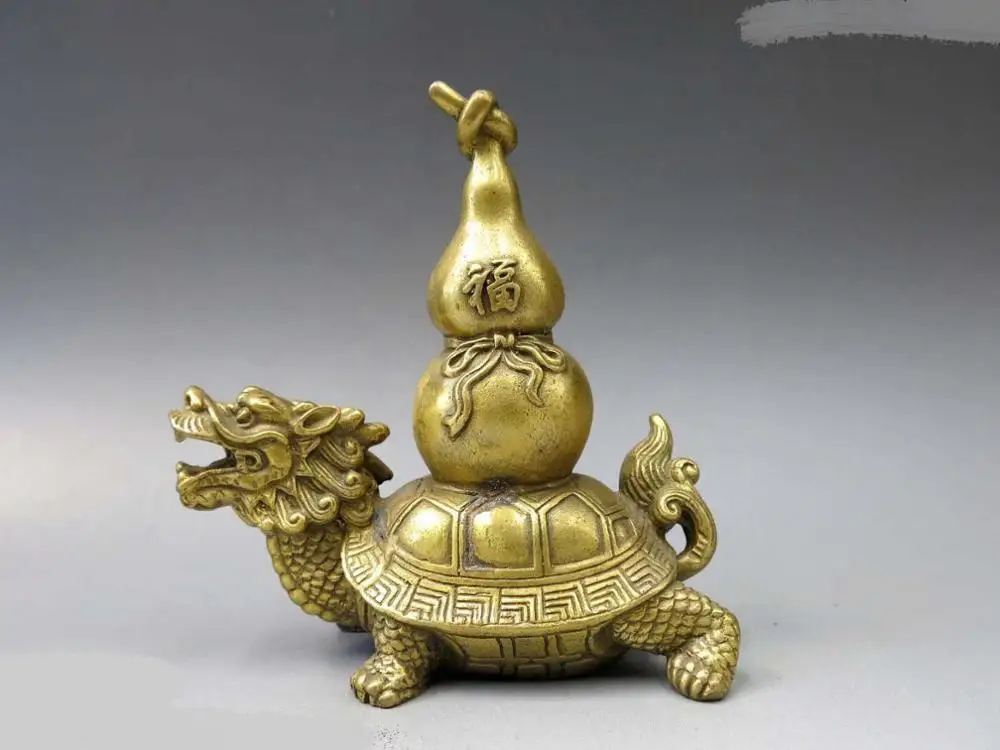 

China brass sculpture carved copper Feng Shui calabash on Dragon Turtle Statue DD
